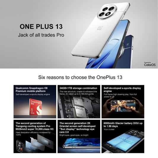 OnePlus 13 PJZ110, 12GB+256GB, Screen Fingerprint Identification, 6.82 inch ColorOS 15.0 / Android 15 Snapdragon 8 Elite 3nm Octa Core, NFC, Network: 5G