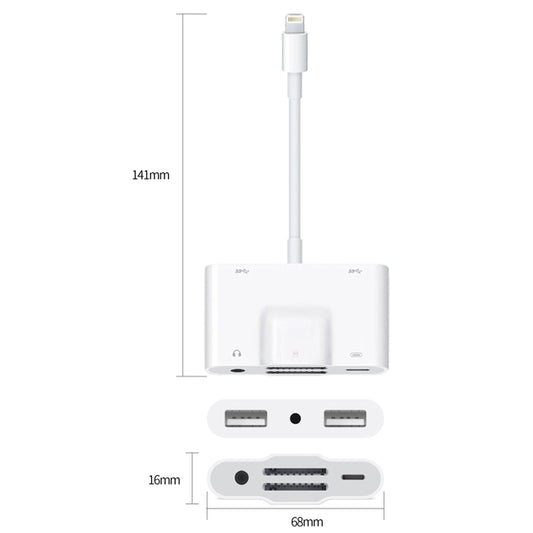 NK-1042 6 in 1 8 Pin Male to Dual USB + Dual SD Card + 3.5mm Audio Interface + 8 Pin Charging Interface Female Port Camera Adapter