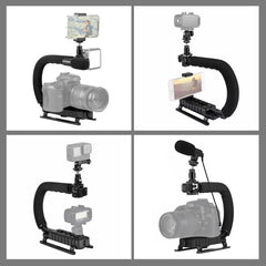 PULUZ U/C Shape Portable Handheld DV Bracket Stabilizer + Video Shotgun Microphone Kit with Cold Shoe Tripod Head for All SLR Cameras and Home DV Camera