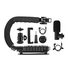 PULUZ U/C Shape Portable Handheld DV Bracket Stabilizer + Video Shotgun Microphone Kit with Cold Shoe Tripod Head for All SLR Cameras and Home DV Camera