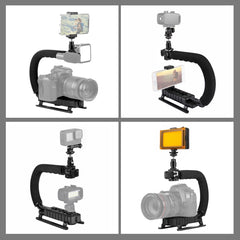PULUZ U/C Shape Portable Handheld DV Bracket Stabilizer + LED Studio Light Kit with Cold Shoe Tripod Head for All SLR Cameras and Home DV Camera