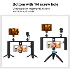 PULUZ 4 in 1 Vlogging Live Broadcast LED Selfie Light Smartphone Video Rig Handle Stabilizer Aluminum Bracket Kits with Microphone + Tripod Mount + Cold Shoe Tripod Head