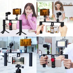 PULUZ 4 in 1 Vlogging Live Broadcast LED Selfie Light Smartphone Video Rig Handle Stabilizer Aluminum Bracket Kits with Microphone + Tripod Mount + Cold Shoe Tripod Head