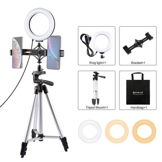 PULUZ Tripod Mount + Live Broadcast Dual Phone Bracket + 6.2 inch 16cm LED Ring Vlogging Video Light Kits