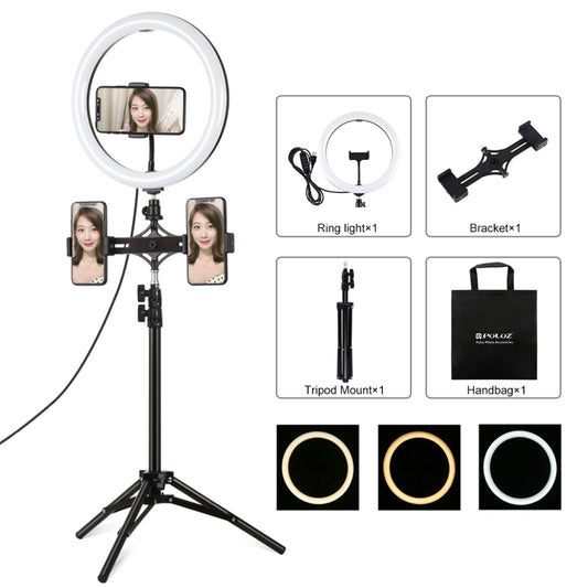 PULUZ 11.8 inch 30cm Light + 1.1m Tripod Mount + Dual Phone Brackets Curved Surface USB 3 Modes Dimmable Dual Color Temperature LED Ring Vlogging Video Light Live Broadcast Kits with Phone Clamp