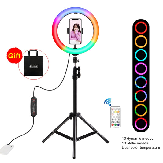 PULUZ 10.2 inch 26cm Marquee LED RGBWW Selfie Beauty Light + 1.1m Tripod Mount 168 LED Dual-color Temperature Dimmable Ring Vlogging Photography Video Lights with Cold Shoe Tripod Ball Head & Remote Control & Phone Clamp
