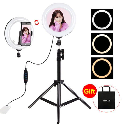 PULUZ 7.9 inch 20cm Mirror Light+ 1.1m Tripod Mount USB 3 Modes Dimmable Dual Color Temperature LED Curved Light Ring Vlogging Selfie Photography Video Lights with Mirror & Phone Clamp