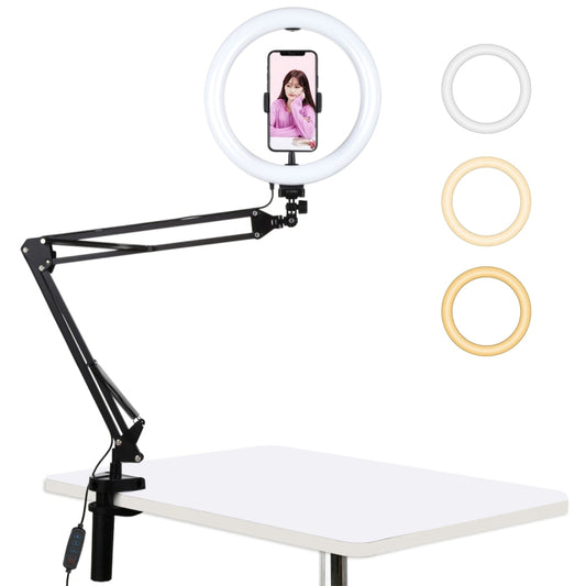 PULUZ 10.2 inch 26cm Ring Curved Light + Desktop Arm Stand USB 3 Modes Dimmable Dual Color Temperature LED Vlogging Selfie Photography Video Lights with Phone Clamp