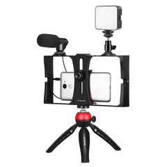 PULUZ 4 in 1 Vlogging Live Broadcast LED Selfie Fill Light Smartphone Video Rig Kits with Microphone + Tripod Mount + Cold Shoe Tripod Head for iPhone, Galaxy, Huawei, Xiaomi, HTC, LG, Google, and Other Smartphones