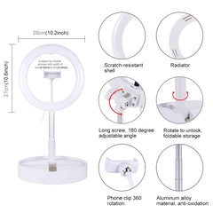 PULUZ 10.2 inch 26cm USB 3 Modes Dimmable Dual Color Temperature LED Curved Ring Vlogging Selfie Photography Video Lights with Bluetooth Remote Shutter & Folding Desktop Holder & Phone Clamp