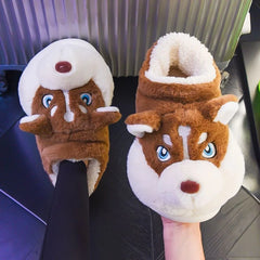 Women Indoor Cotton Slippers Cute Cartoon Dog Winter Warm Shoes Couples Home Floor Slides Anti-slip Female Male House Footwear