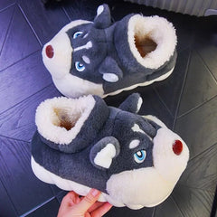Women Indoor Cotton Slippers Cute Cartoon Dog Winter Warm Shoes Couples Home Floor Slides Anti-slip Female Male House Footwear