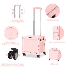 Folding Utility Shopping Trolley on Wheels Teacher Trolley Cart with Lid Portable Crate Handcart Box for Camping Shopping Pink