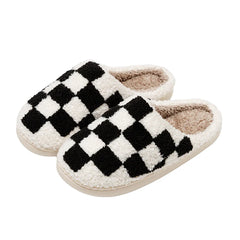 Fuzzy Women Men Slippers Fashion Checker Embroidery Houseshoes Cozy Fluffy House Retro Checkered Print Winter Home Shoes