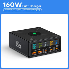 160W 5 Ports USB Charger Staion 15W Wireless Charging PD 65W QC3.0 Type C Fast Charger for iPhone 15 Pro Macbook Samsung Laptop