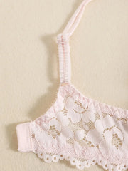 1 Set Elegant Erotic Lace Embroidery Breathable Fabric Lingeries : Push-Up Bra, Low Waist Sheer Panty - Ultimate Valentine's Day