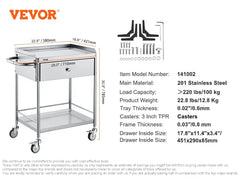 VEVOR Stainless Steel Cart 3/2/1 Layers Lab Utility Cart Medical Cart W/ Lockable Universal Wheels for Lab Clinic Kitchen Salon