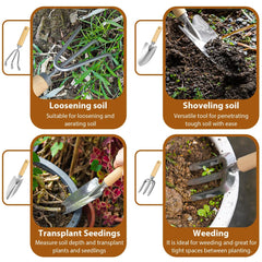 9 Piece Garden Weeding Tools Stainless Steel Gardening Tool Set with Wooden Handle, Weeder