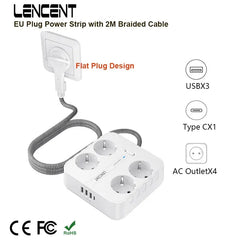 LENCENT EU Plug Power Strip with 4 AC Outlets+ 3 USB+ 1 Type C +2M/3M Braided Cable Multi Socket with Switch for Home/Office