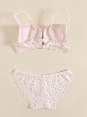 1 Set Elegant Erotic Lace Embroidery Breathable Fabric Lingeries : Push-Up Bra, Low Waist Sheer Panty - Ultimate Valentine's Day