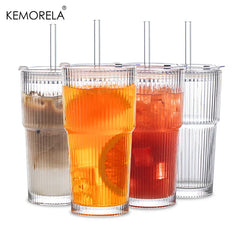 600ML Stripe Glass Coffee Cup With Lid and Without Cover Straw Transparent Drinking Glasses for Juice Iced Coffee Mugs Drinkware