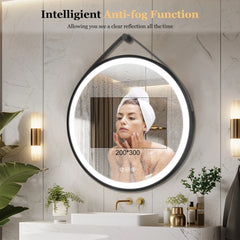 60/70/80CM Round LED Bathroom Mirror Wall Hanging Frontlit Vanity Makeup Mirror with Leather Strap Touch Anti-fog