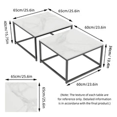 2PCS Square Marble Nesting Coffee Table, Living Room Furniture Display, End Side Accent Tables, Occasional Set