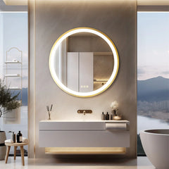 LUVODI 24 Inch Gold Frame Round Bathroom Mirror with Lights Illuminate Wall Vanity Mirror 3 Color Dimmable Anti-Fog Smart Mirror