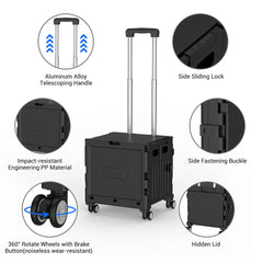 Folding Utility Cart Portable 360° Rolling Wheels Telescopic Handle Trolley Collapsible Shopping Box with Lid for Camping Office