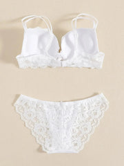 1 Set Elegant Erotic Lace Embroidery Breathable Fabric Lingeries : Push-Up Bra, Low Waist Sheer Panty - Ultimate Valentine's Day