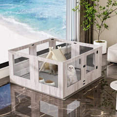 Tempered Glass Dog Puppies Playpen, Indoor Pet Whelping Pen Box Cage, Exercise Fence, with Waterproof Fertility Pad, 8 Panels