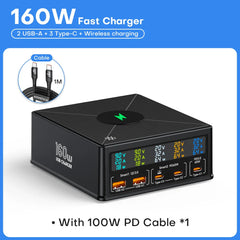 160W 5 Ports USB Charger Staion 15W Wireless Charging PD 65W QC3.0 Type C Fast Charger for iPhone 15 Pro Macbook Samsung Laptop