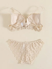 1 Set Elegant Erotic Lace Embroidery Breathable Fabric Lingeries : Push-Up Bra, Low Waist Sheer Panty - Ultimate Valentine's Day