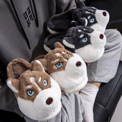 Women Indoor Cotton Slippers Cute Cartoon Dog Winter Warm Shoes Couples Home Floor Slides Anti-slip Female Male House Footwear