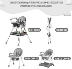 3-in-1 Baby HighChair, Foldable Portable Baby Dining Chairs Eat & Play Convertible High Chair with Double-Layer Dinner Plate