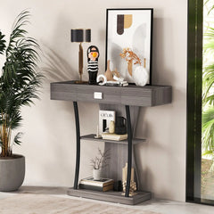 GOFLAME T-Shaped Industrial Console Table Narrow Sofa Side Table Entryway Display Shlves