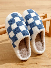 Fuzzy Women Men Slippers Fashion Checker Embroidery Houseshoes Cozy Fluffy House Retro Checkered Print Winter Home Shoes
