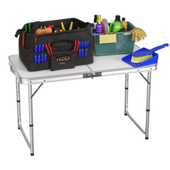 Features: - Folding table with carry handle - Moulded plastic top - includes handy carrying handle - Sturdy aluminum alloy fr