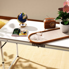 Features: - Folding table with carry handle - Moulded plastic top - includes handy carrying handle - Sturdy aluminum alloy fr