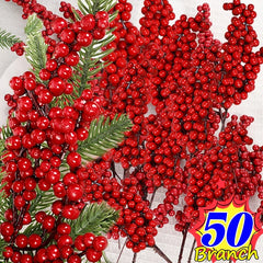 50/1branch Christmas Artificial Berries Stem Red Holly Berry Fake Flowers Plant for Xmas Tree New Year Party Home Decor Ornament