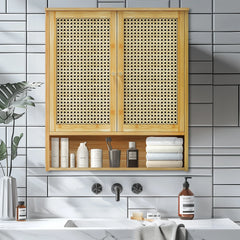 Bamboo Bathroom Wall Cabinet, Over the Toilet, Kitchen Storage, Solid Wood, 3 Shelves, 2 Doors