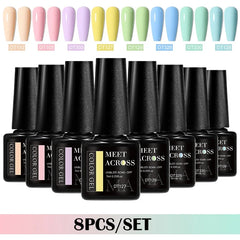 MEET ACROSS 8Pcs/Set Gel Nail Polish Set for All Season Neon Marcaron Green Red Series UV Gel Varnish Manicure Kit Nail Supplies