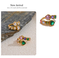 Yhpup Delicate Cubic Zirconia Heart Stainless Steel Gold Color Adjustable Fashion Open Ring High Quality Chic Charm Jewelry