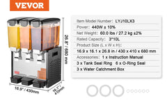 VEVOR 10L 12L 18L Commercial Beverage Dispenser Stainless Steel Ice Juice Tea Drink Machine with Cooling Function for Bar Party