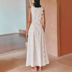 2025 Summer New Fashion Lace Embroidery Women Strap Resort Slimming Long Dress Simple Solid Color Female Banquet Dresses