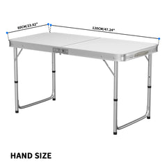 Features: - Folding table with carry handle - Moulded plastic top - includes handy carrying handle - Sturdy aluminum alloy fr