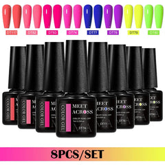MEET ACROSS 8Pcs/Set Gel Nail Polish Set for All Season Neon Marcaron Green Red Series UV Gel Varnish Manicure Kit Nail Supplies