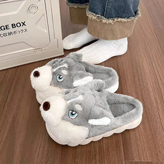 Women Indoor Cotton Slippers Cute Cartoon Dog Winter Warm Shoes Couples Home Floor Slides Anti-slip Female Male House Footwear