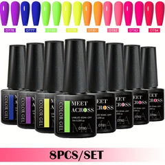 MEET ACROSS 8Pcs/Set Gel Nail Polish Set for All Season Neon Marcaron Green Red Series UV Gel Varnish Manicure Kit Nail Supplies