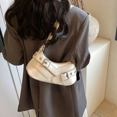 MOJOYCE Small Belt Design Glossy Patent Leather Shoulder Bags Women Luxury Brand Tote Handbag Y2K Underarm Bag with Inner Pocket